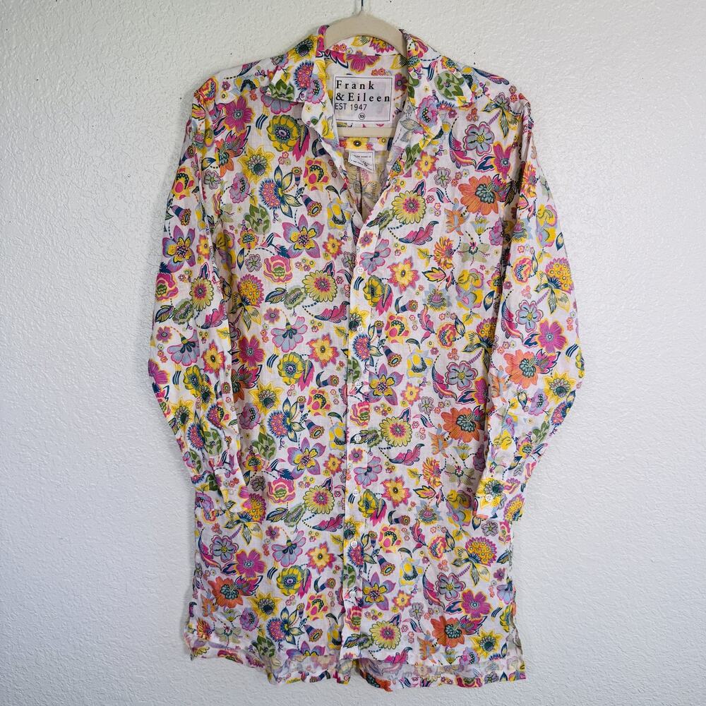 Frank & Eileen Hunter Tunic Dress Womens XS Linen Button Up Floral Print Spring